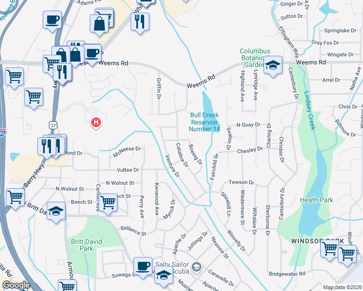 map of restaurants, bars, coffee shops, grocery stores, and more near 5924 Catalina Drive in Columbus
