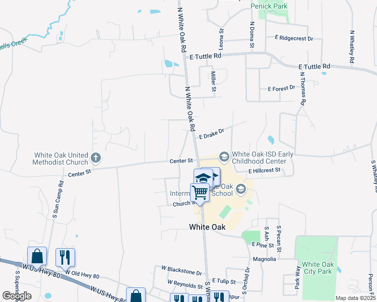 map of restaurants, bars, coffee shops, grocery stores, and more near 103 North White Oak Road in White Oak
