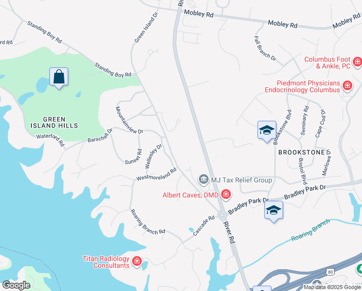 map of restaurants, bars, coffee shops, grocery stores, and more near 6201 River Road in Columbus