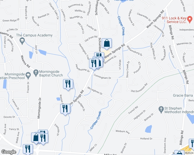 map of restaurants, bars, coffee shops, grocery stores, and more near 5120 Cunningham Drive in Columbus