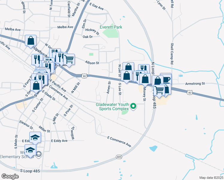 map of restaurants, bars, coffee shops, grocery stores, and more near 319 North Taylor Street in Gladewater