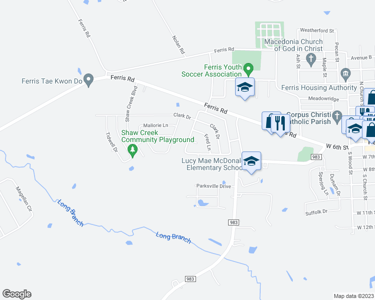 map of restaurants, bars, coffee shops, grocery stores, and more near 309 Jennie Marie Circle in Ferris