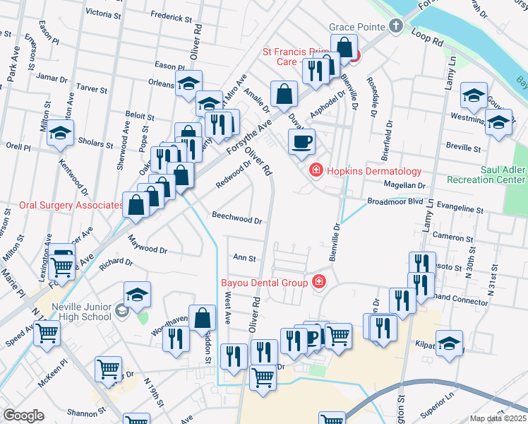 map of restaurants, bars, coffee shops, grocery stores, and more near 2103 Oliver Road in Monroe