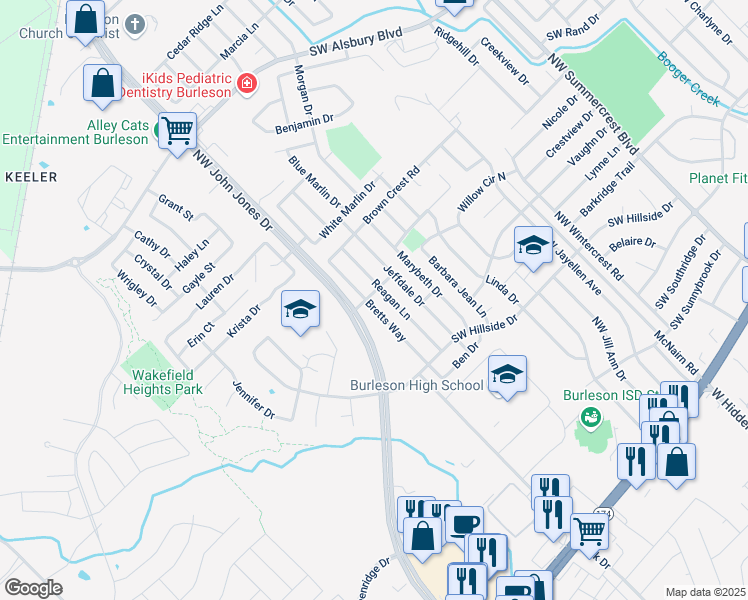 map of restaurants, bars, coffee shops, grocery stores, and more near 532 Bretts Way in Burleson