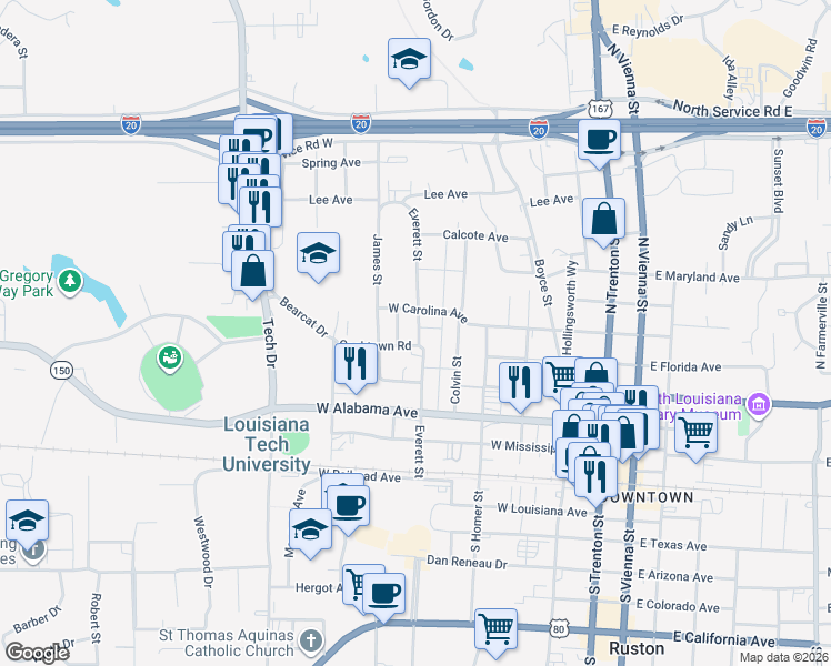 map of restaurants, bars, coffee shops, grocery stores, and more near 505 Everett Street in Ruston