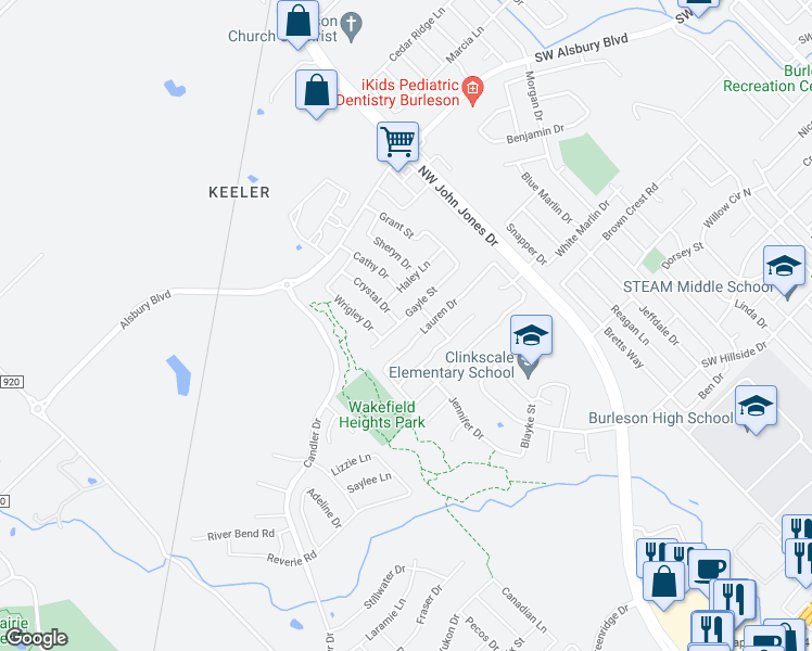 map of restaurants, bars, coffee shops, grocery stores, and more near 1353 Gayle Street in Burleson