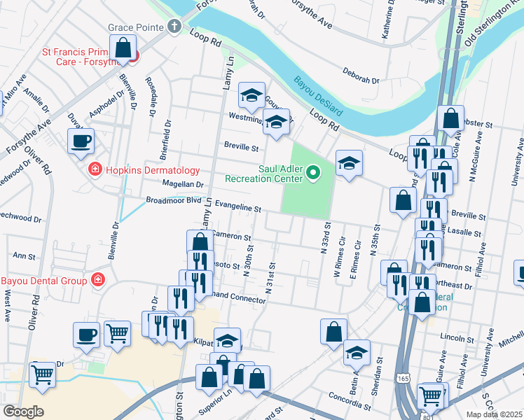 map of restaurants, bars, coffee shops, grocery stores, and more near 3001 Evangeline Street in Monroe