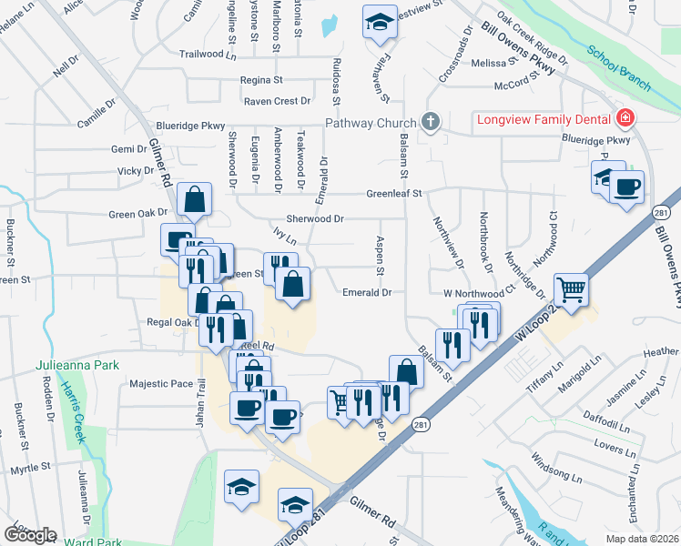 map of restaurants, bars, coffee shops, grocery stores, and more near 1404 Evergreen Street in Longview
