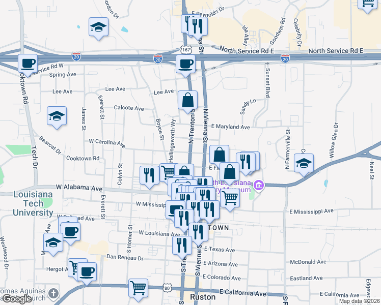 map of restaurants, bars, coffee shops, grocery stores, and more near 198 West Carolina Avenue in Ruston