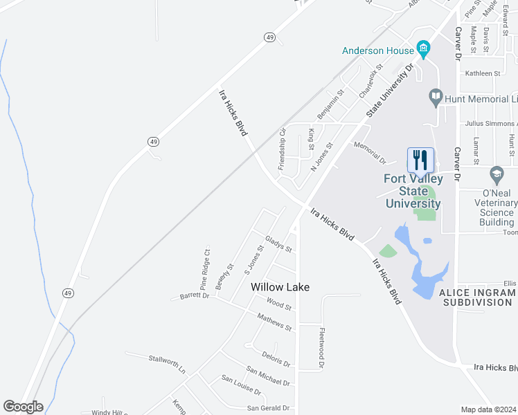 map of restaurants, bars, coffee shops, grocery stores, and more near 471 Beverly Street in Fort Valley