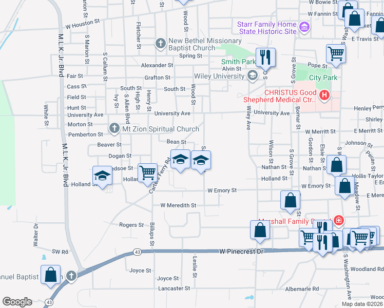 map of restaurants, bars, coffee shops, grocery stores, and more near 1209 Wood Street in Marshall