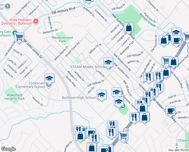 map of restaurants, bars, coffee shops, grocery stores, and more near 412 Barbara Jean Lane in Burleson