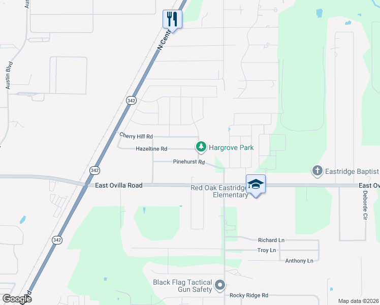 map of restaurants, bars, coffee shops, grocery stores, and more near 637 Hazeltine Road in Red Oak