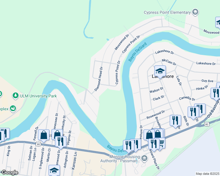 map of restaurants, bars, coffee shops, grocery stores, and more near 6206 Cypress Point Drive in Monroe