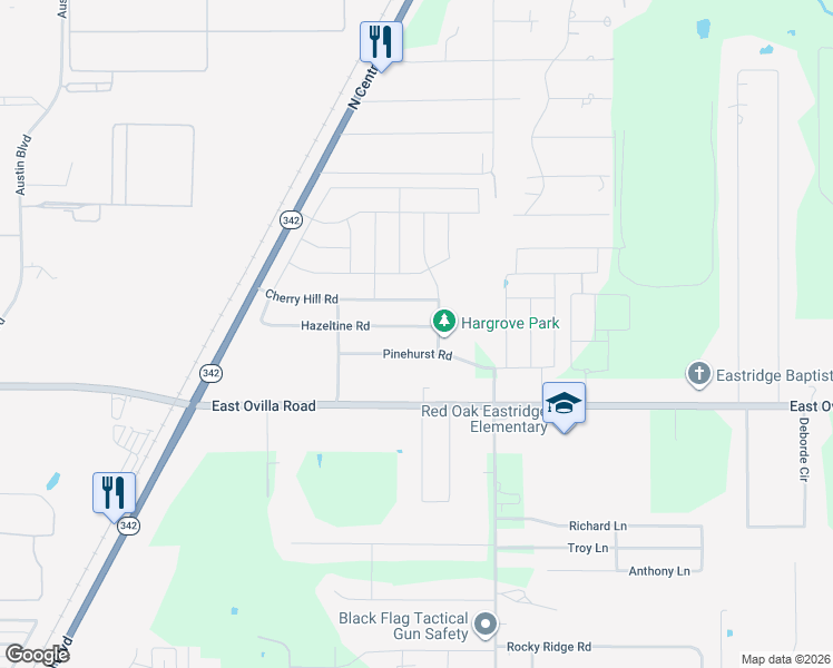 map of restaurants, bars, coffee shops, grocery stores, and more near 637 Hazeltine Road in Red Oak