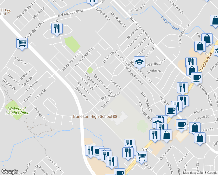 map of restaurants, bars, coffee shops, grocery stores, and more near 412 Barbara Jean Lane in Burleson