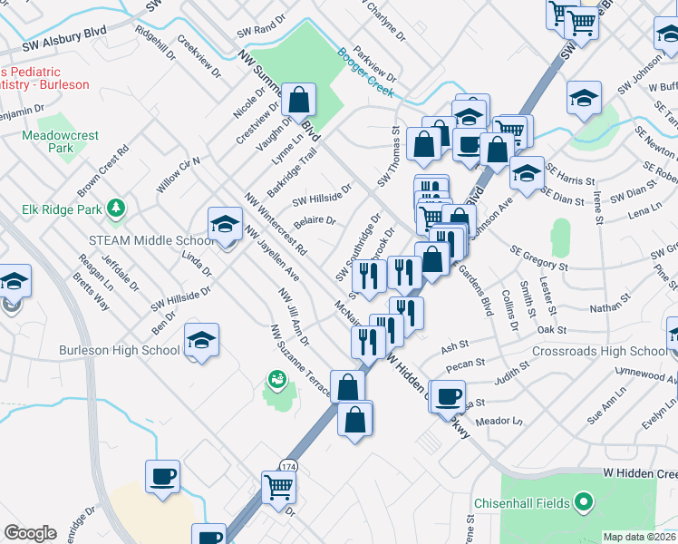 map of restaurants, bars, coffee shops, grocery stores, and more near 828 Southwest Southridge Drive in Burleson