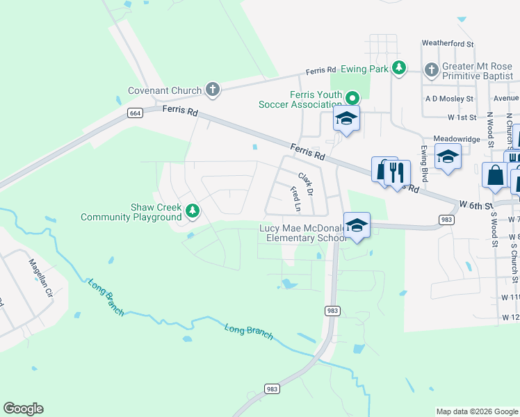 map of restaurants, bars, coffee shops, grocery stores, and more near 316 Jennie Marie Circle in Ferris