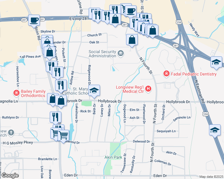 map of restaurants, bars, coffee shops, grocery stores, and more near 601 Hollybrook Drive in Longview