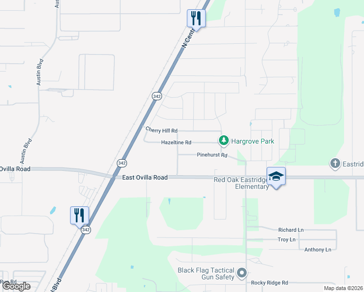 map of restaurants, bars, coffee shops, grocery stores, and more near 601 Hazeltine Road in Red Oak