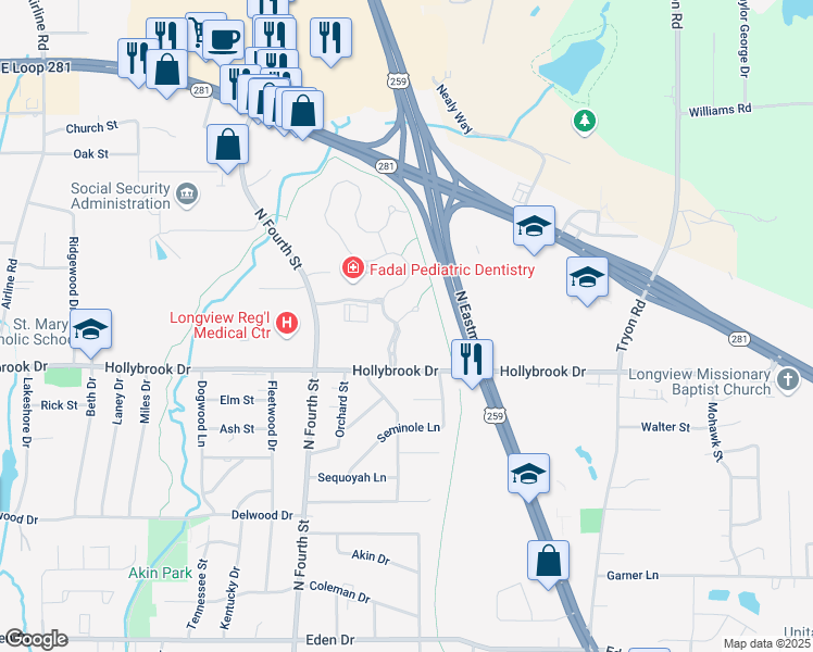 map of restaurants, bars, coffee shops, grocery stores, and more near 1200 Encore Circle in Longview
