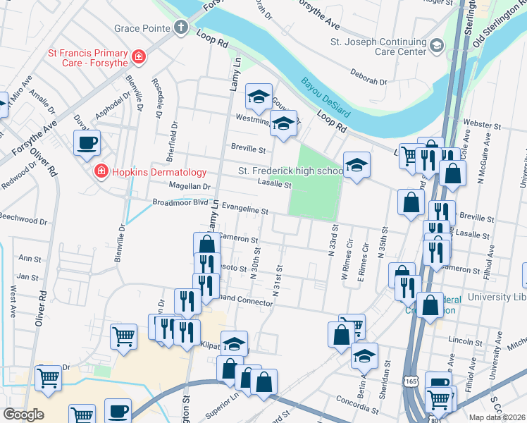 map of restaurants, bars, coffee shops, grocery stores, and more near 2998 Evangeline Street in Monroe