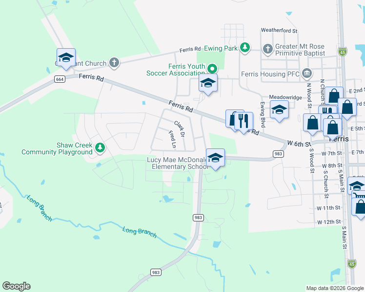 map of restaurants, bars, coffee shops, grocery stores, and more near 103 Clark Drive in Ferris