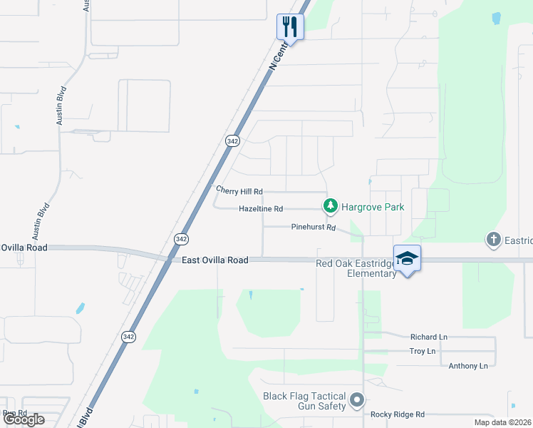 map of restaurants, bars, coffee shops, grocery stores, and more near 601 Hazeltine Road in Red Oak