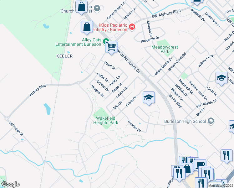 map of restaurants, bars, coffee shops, grocery stores, and more near 1404 Lauren Drive in Burleson
