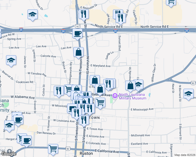 map of restaurants, bars, coffee shops, grocery stores, and more near 208 Standifer Avenue in Ruston