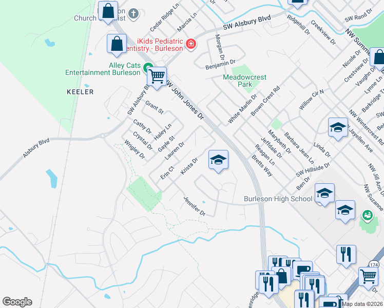 map of restaurants, bars, coffee shops, grocery stores, and more near 1320 Erin Court in Burleson