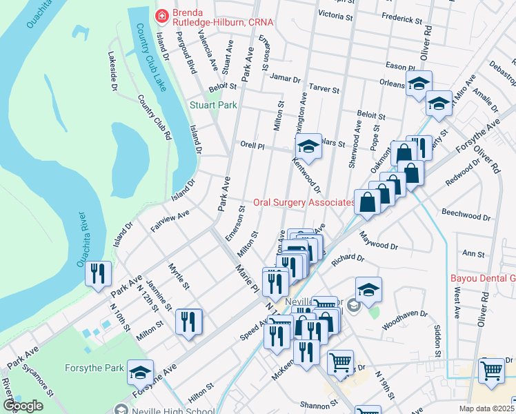 map of restaurants, bars, coffee shops, grocery stores, and more near 1625 Milton Street in Monroe
