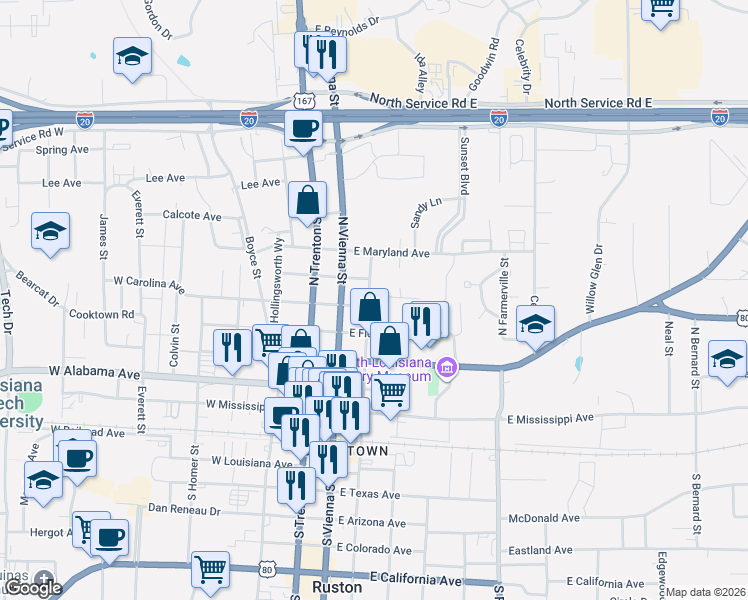 map of restaurants, bars, coffee shops, grocery stores, and more near 520 North Bonner Street in Ruston