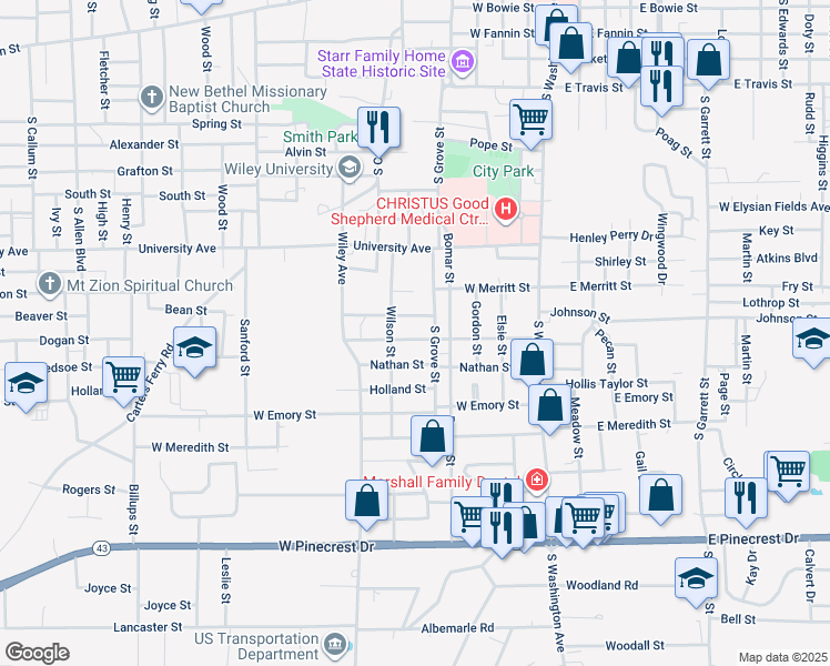map of restaurants, bars, coffee shops, grocery stores, and more near 507 Medill Street in Marshall