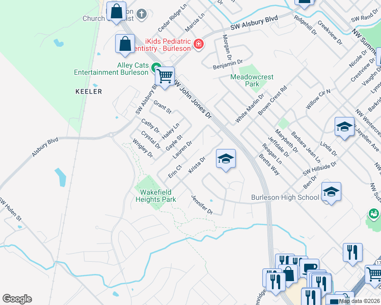 map of restaurants, bars, coffee shops, grocery stores, and more near 1320 Erin Court in Burleson