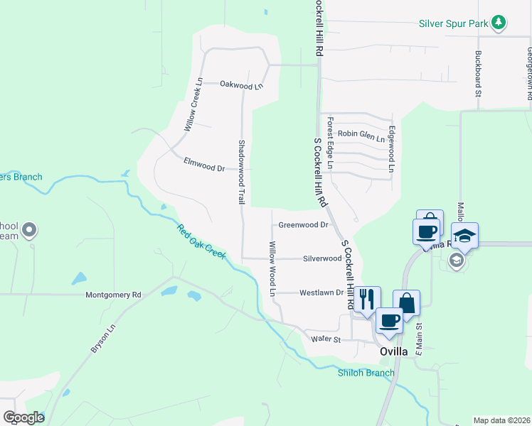 map of restaurants, bars, coffee shops, grocery stores, and more near 403 Willow Wood Lane in Red Oak