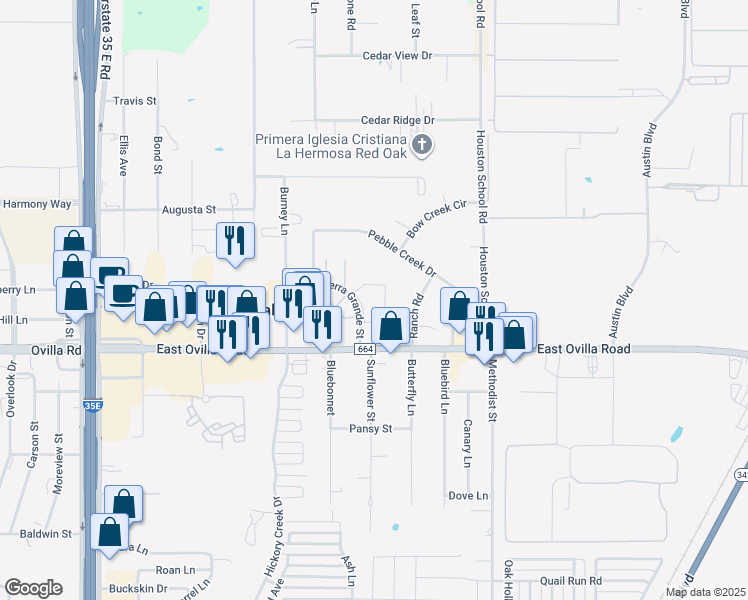 map of restaurants, bars, coffee shops, grocery stores, and more near 110 Sierra Grande Street in Red Oak