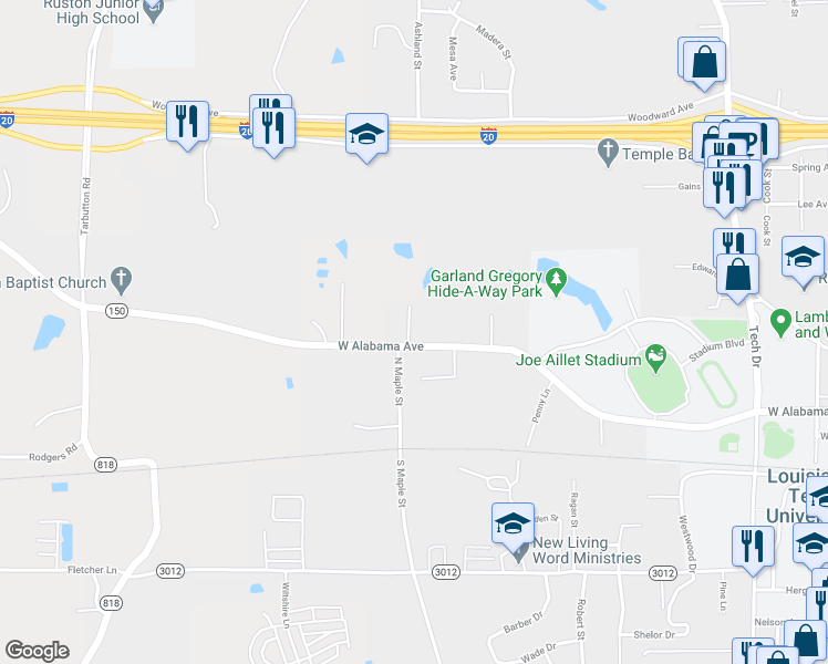 map of restaurants, bars, coffee shops, grocery stores, and more near 3 Kennon Lane in Ruston