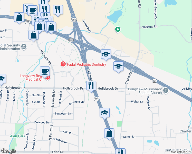map of restaurants, bars, coffee shops, grocery stores, and more near 2910 North Eastman Road in Longview