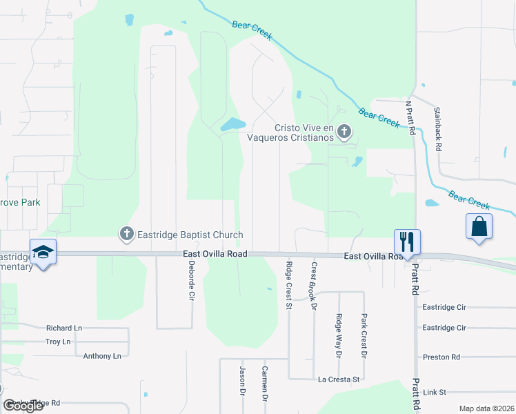 map of restaurants, bars, coffee shops, grocery stores, and more near 116 Mabry Lane in Red Oak