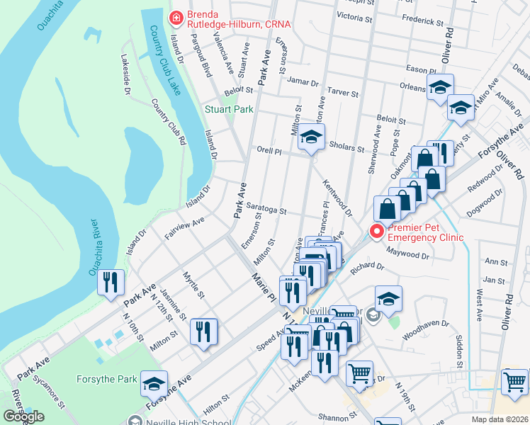 map of restaurants, bars, coffee shops, grocery stores, and more near 1625 Milton St in Monroe