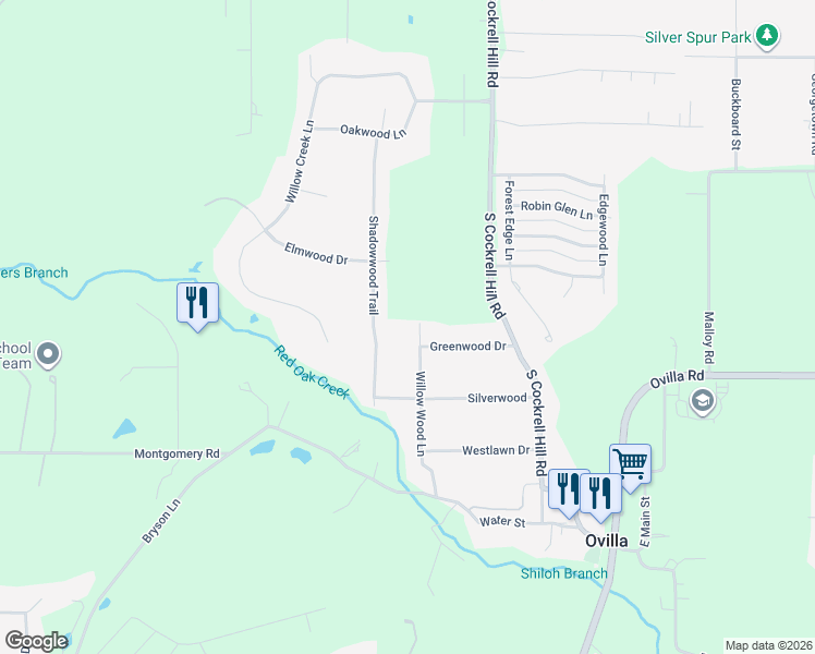 map of restaurants, bars, coffee shops, grocery stores, and more near 403 Willow Wood Lane in Red Oak