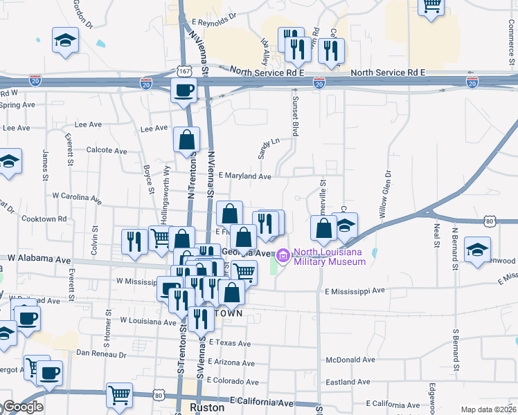 map of restaurants, bars, coffee shops, grocery stores, and more near North Sparta Street in Ruston