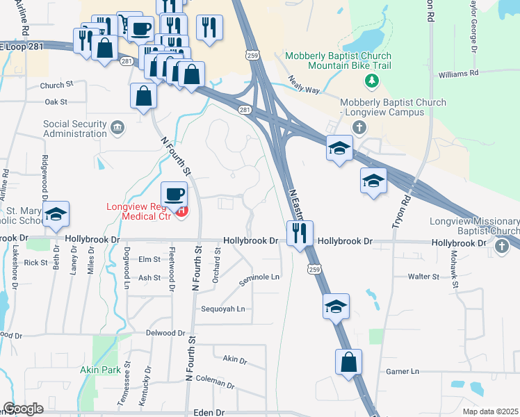 map of restaurants, bars, coffee shops, grocery stores, and more near 1202 Encore Circle in Longview