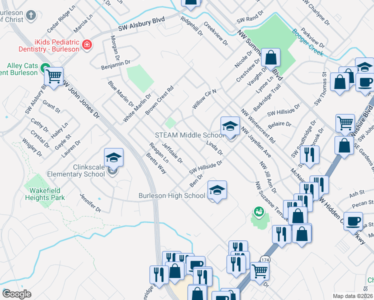 map of restaurants, bars, coffee shops, grocery stores, and more near 508 Marybeth Drive in Burleson