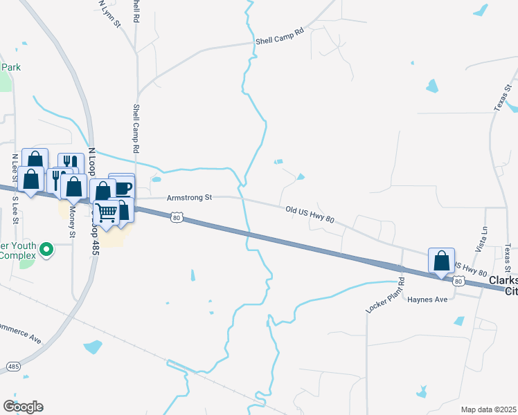 map of restaurants, bars, coffee shops, grocery stores, and more near 1806 Old Longview Highway in Gladewater