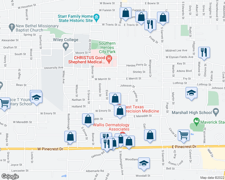 map of restaurants, bars, coffee shops, grocery stores, and more near 105 Medill Street in Marshall