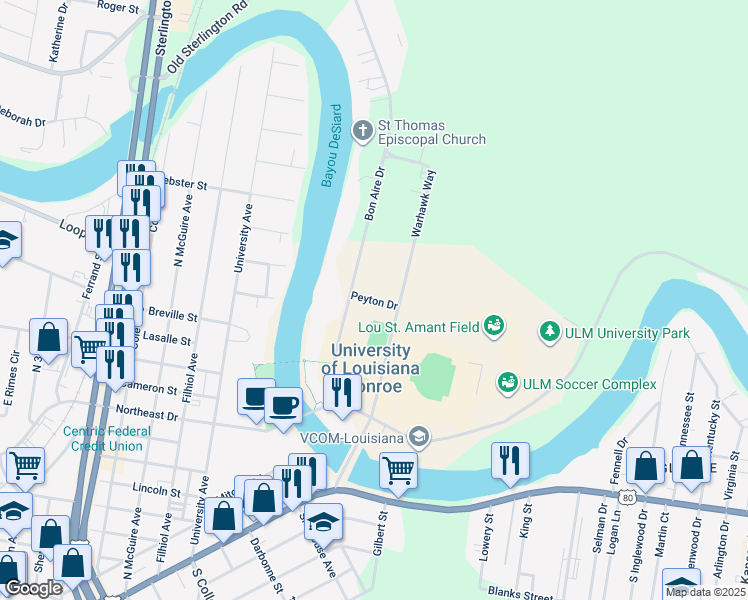 map of restaurants, bars, coffee shops, grocery stores, and more near 4201-4399 Peyton Drive in Monroe