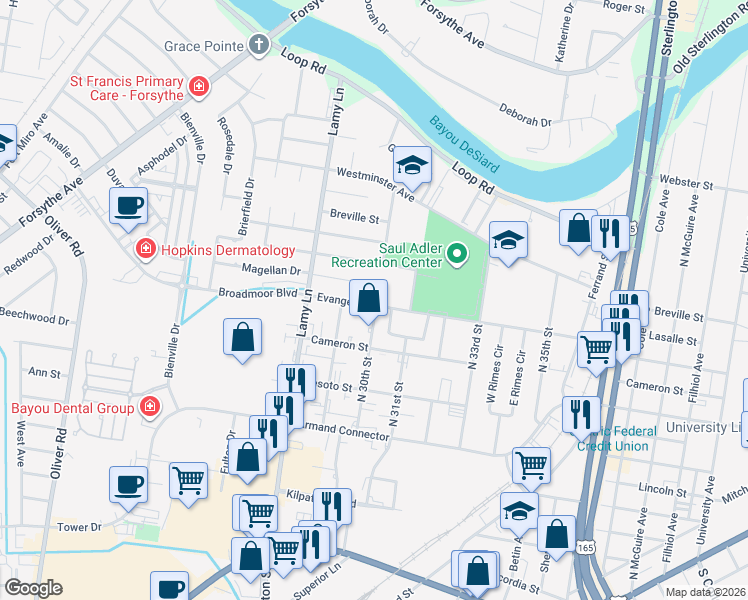 map of restaurants, bars, coffee shops, grocery stores, and more near 2908 Evangeline Street in Monroe