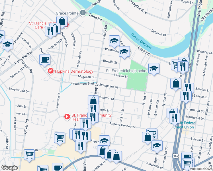 map of restaurants, bars, coffee shops, grocery stores, and more near 2908 Evangeline Street in Monroe